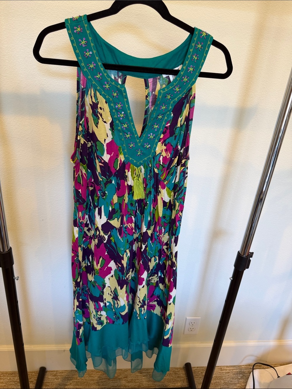 Krista Lee Sleeveless Teal Floral Print Sundress with Beaded V-Neck